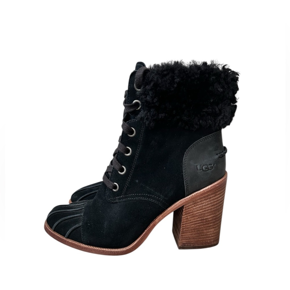 Ugg Jaxon Cuff Black Suede Genuine Shearling Stacked Wood 4” Heel Boots 9M - Picture 2 of 9